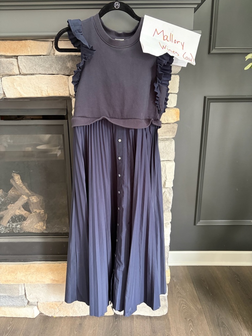 cinq a sept Navy Blue Pleated Midi Dress with Ruffle Sleeves